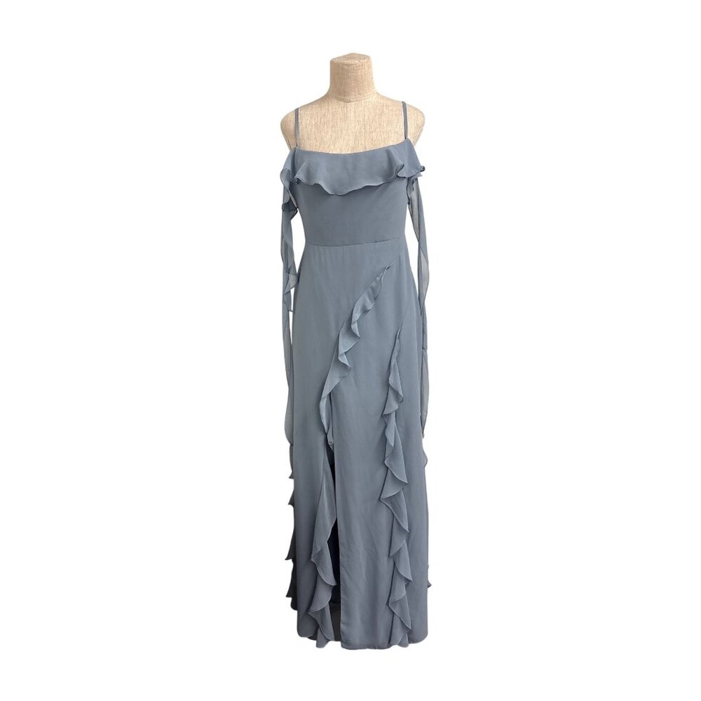 Barbie x Azazie Slate Blue Ruffle Gown | Size A10 | Off-Shoulder | Designer Coll